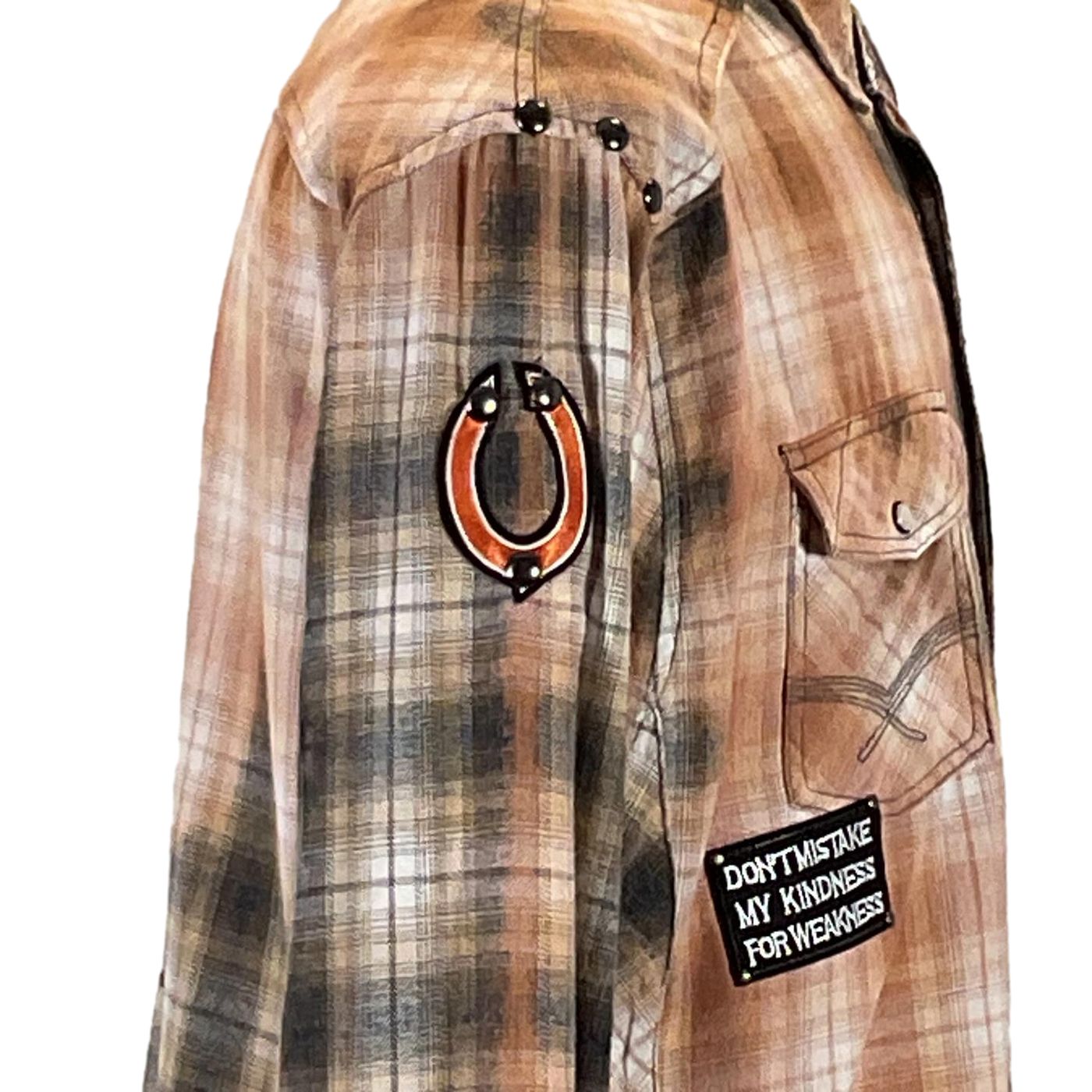 HYPE'D Men's Custom Long-Sleeve Flannel Shirt featuring a plaid design and a distinctive patch on the back, exemplifying DEVIOUS SAINT's unique, wearable art style.
