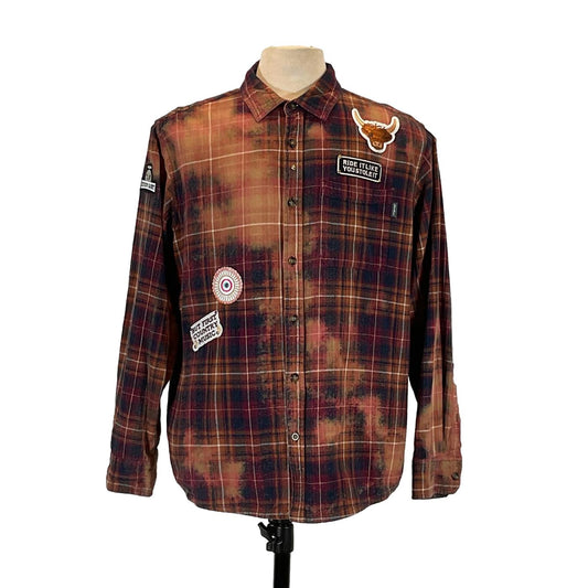 CASSETTE Men's Custom Long-Sleeve Flannel Shirt with patches, featuring a plaid pattern and buttoned collar, showcased on a mannequin.