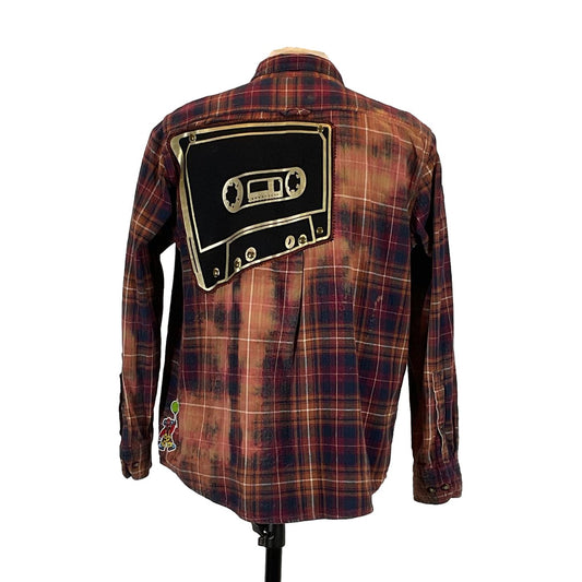 CASSETTE Men's Custom Long-Sleeve Flannel Shirt featuring a unique plaid pattern and a cassette tape design on the back, in an extra-large size.