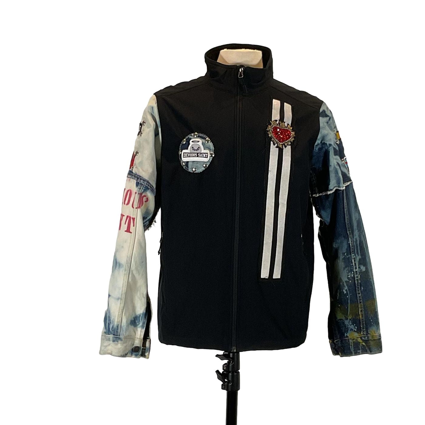 DETROIT RED WINGS Custom Men's Jacket with denim sleeves, featuring unique patches and a zipper, displayed on a stand. Size: Large, emphasizing distinctive wearable art.