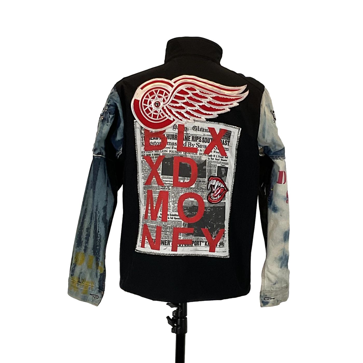 DETROIT RED WINGS Custom Men's Jacket with denim sleeves and unique patch design, epitomizing distinctive wearable art from pre-owned garments.