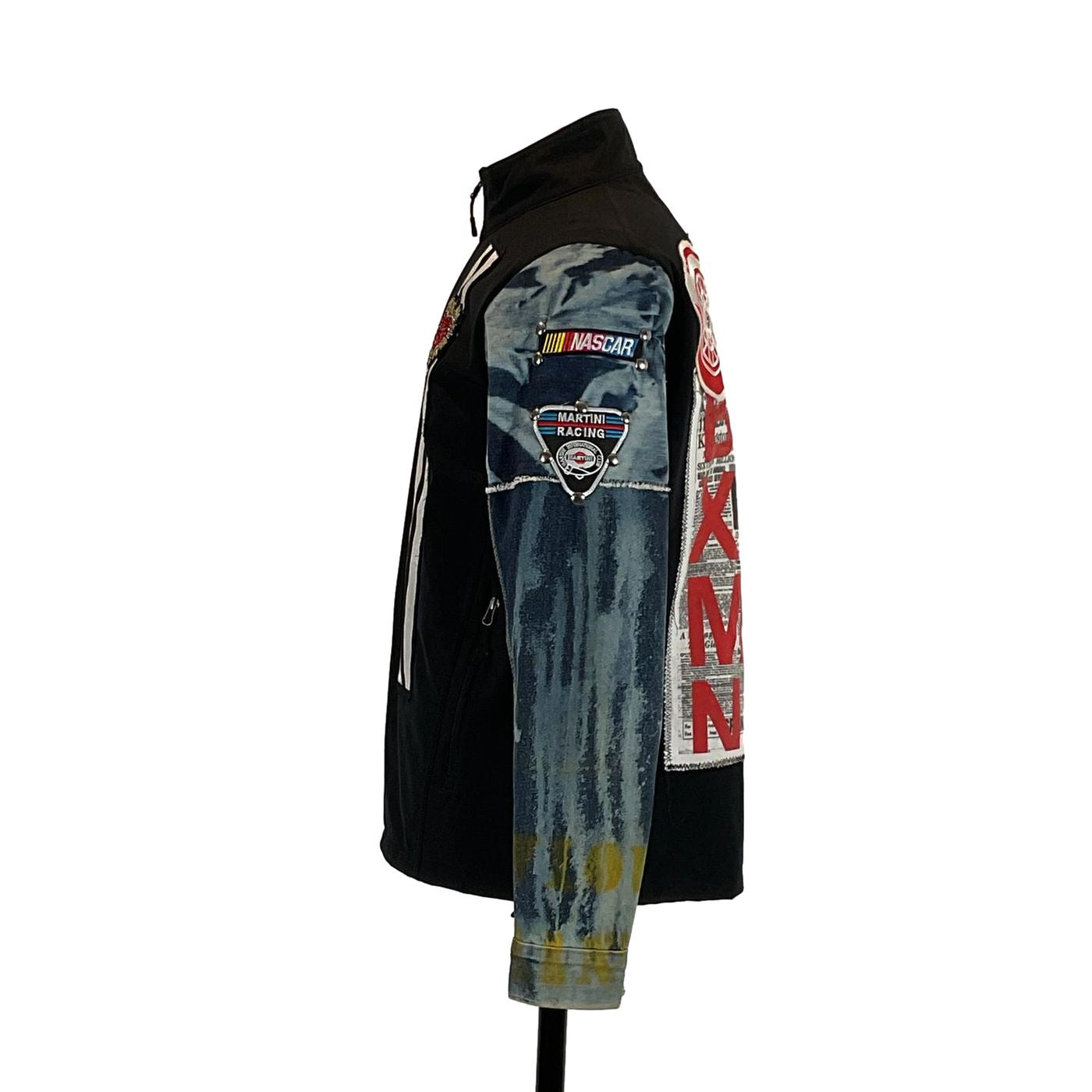 DETROIT RED WINGS Custom Men's Jacket with denim sleeves and distinctive patches, designed as unique wearable art. Size Large.