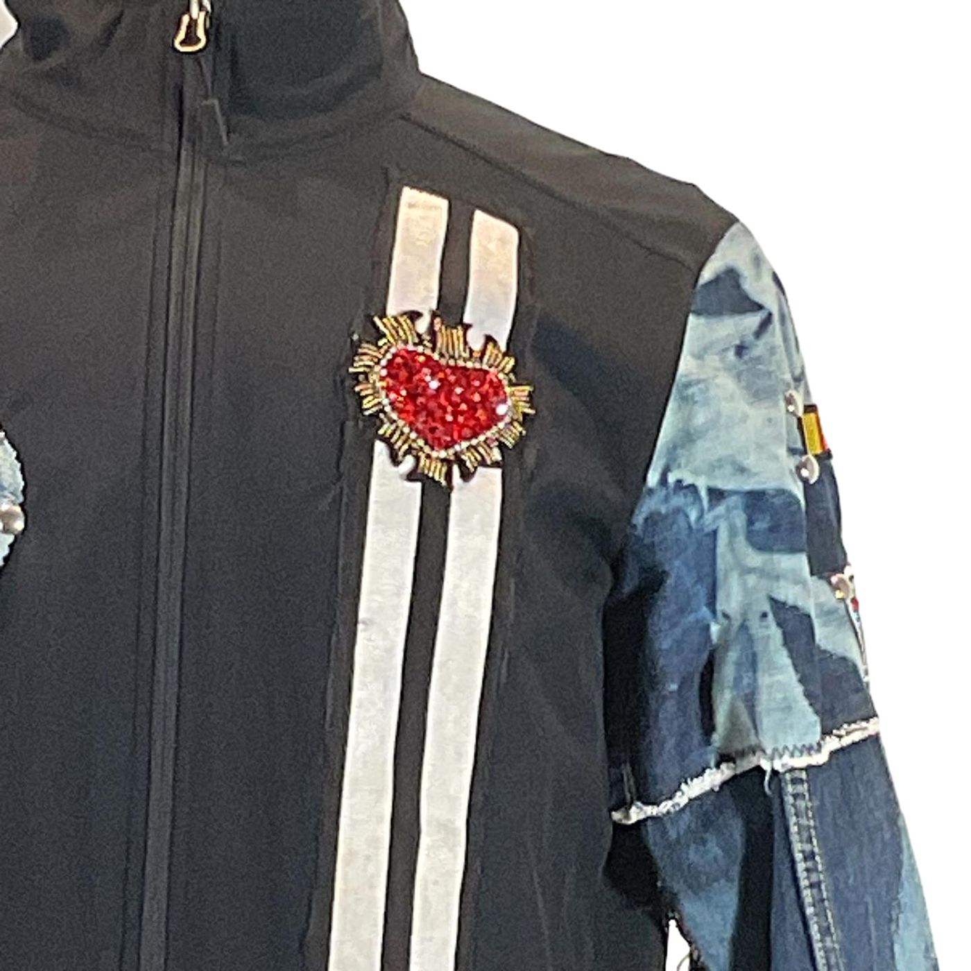 Close-up of DETROIT RED WINGS Custom Men's Jacket featuring denim sleeves, showcasing unique wearable art design, emphasizing individual character and passion.