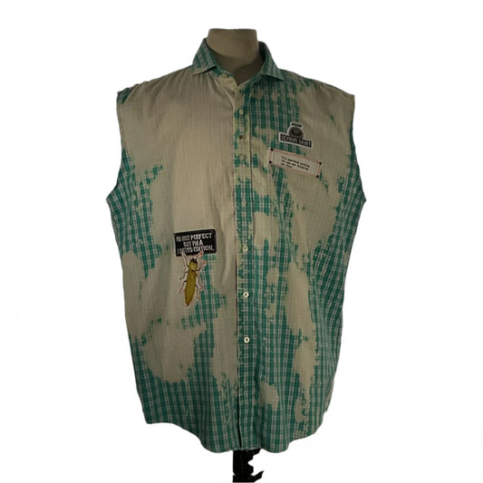 Papa Bear custom men's sleeveless shirt on mannequin, showcasing bold design and unique patches, embodying strength and style from DEVIOUS SAINT's distinctive collection.