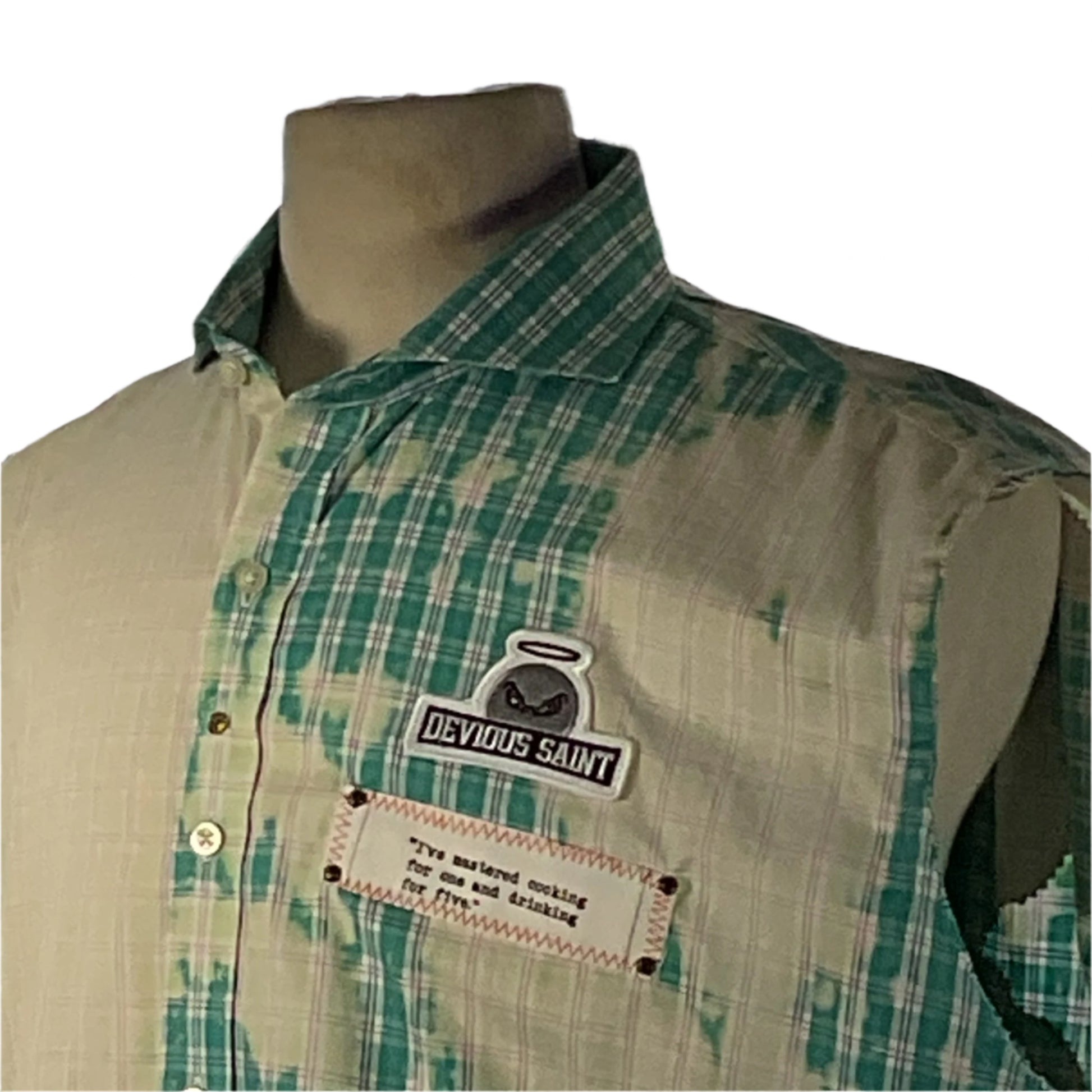 Papa Bear green and white plaid sleeveless shirt with unique patch, embodying bold style and comfort; perfect for showcasing your playful, protective side.