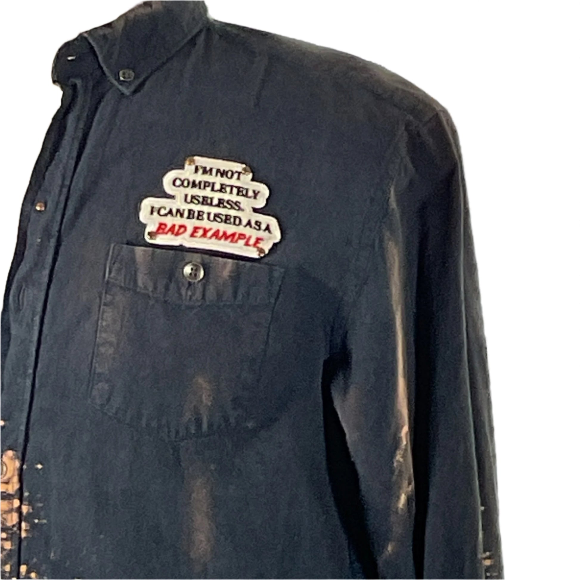 Close-up of the LET’S ROLL! | Men's Custom Long-Sleeve Flannel Shirt | Large, showcasing its unique patch and relaxed fit, embodying a laid-back, artistic style.