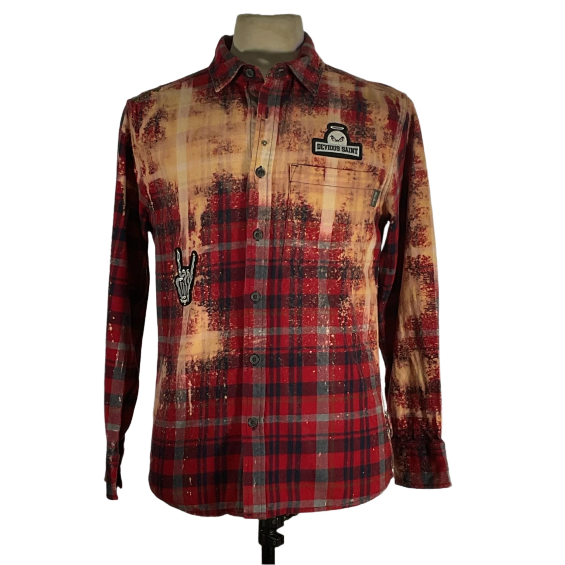 Men's custom long-sleeve flannel shirt, large size, featuring bold red and black tartan pattern, perfect for a unique and distinctive style statement.