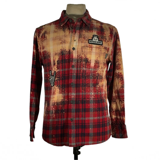 Men's custom long-sleeve flannel shirt, large size, featuring bold red and black tartan pattern, perfect for a unique and distinctive style statement.