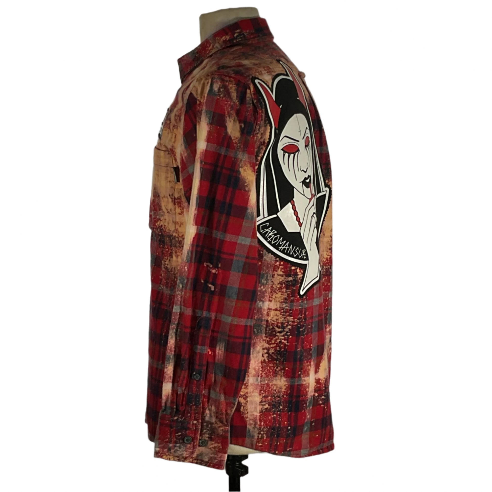 Men's red flannel shirt with a cartoon design, titled Let’s Roll, showcasing a bold, distinctive pattern, crafted from pre-owned cotton by DEVIOUS SAINT.