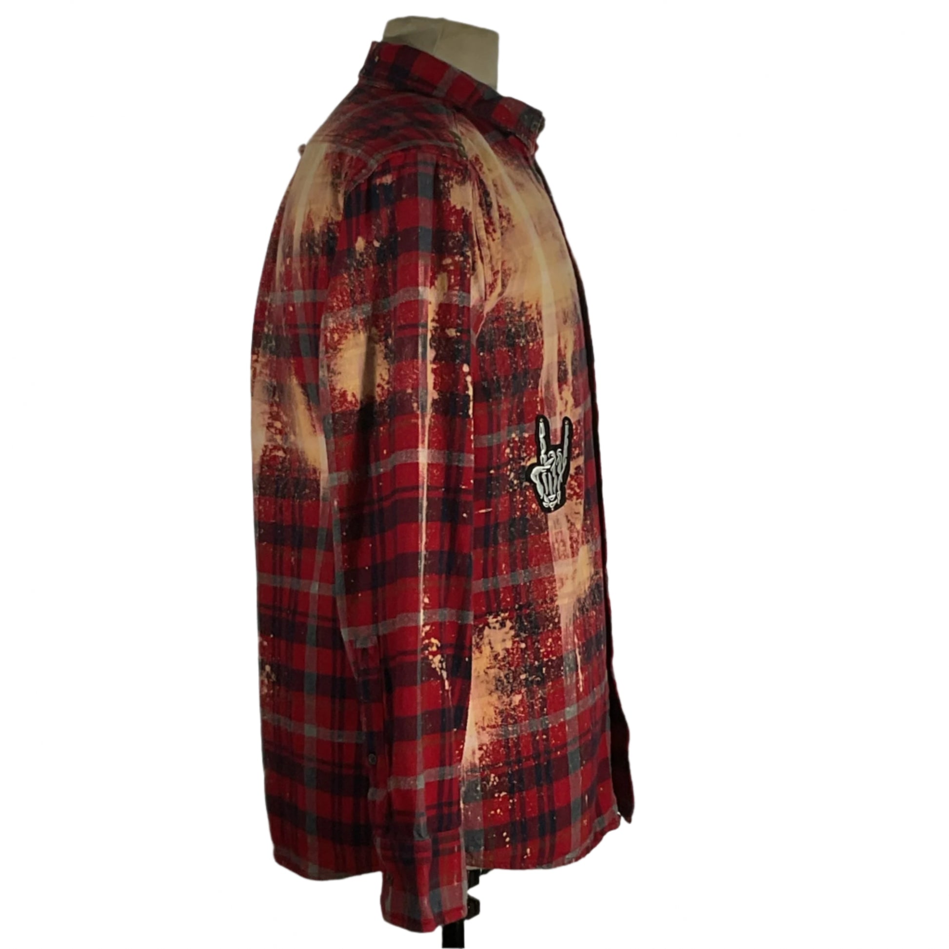 Caromamsour | Men's Custom Long-Sleeve Flannel Shirt | Medium displayed on a mannequin, showcasing its bold, unique style with a red and black flannel pattern.