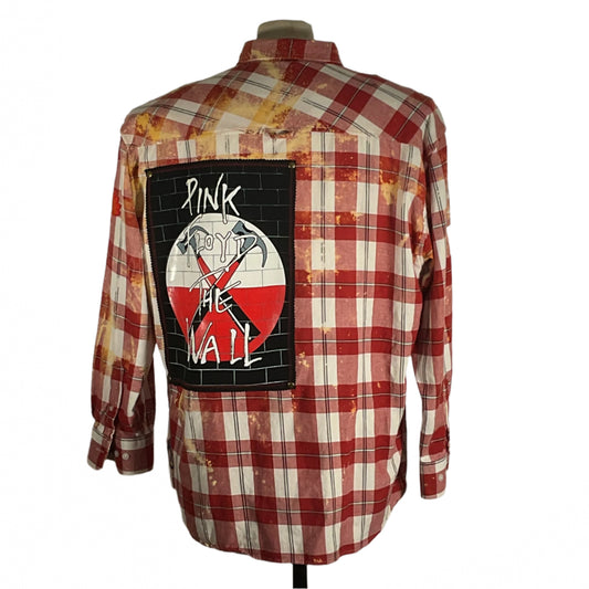 PINK FLOYD | Men's Custom Long-Sleeve Flannel Shirt | 4XL features a red and white plaid pattern with a distinctive patch, showcasing DEVIOUS SAINT's unique, bold style.