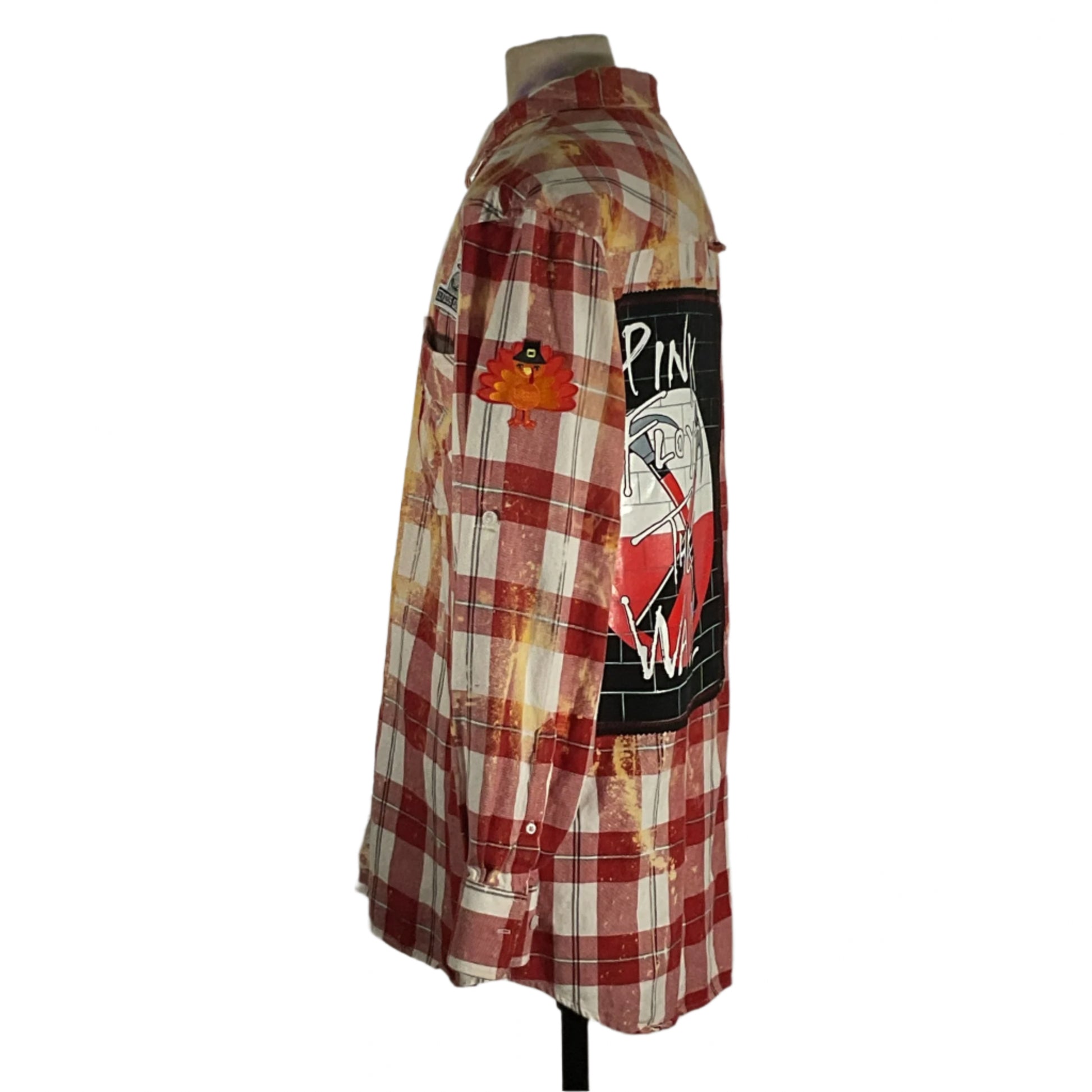 PINK FLOYD | Men's Custom Long-Sleeve Flannel Shirt | 4XL showcased on a mannequin, highlighting unique red and white plaid pattern with detailed measurements.