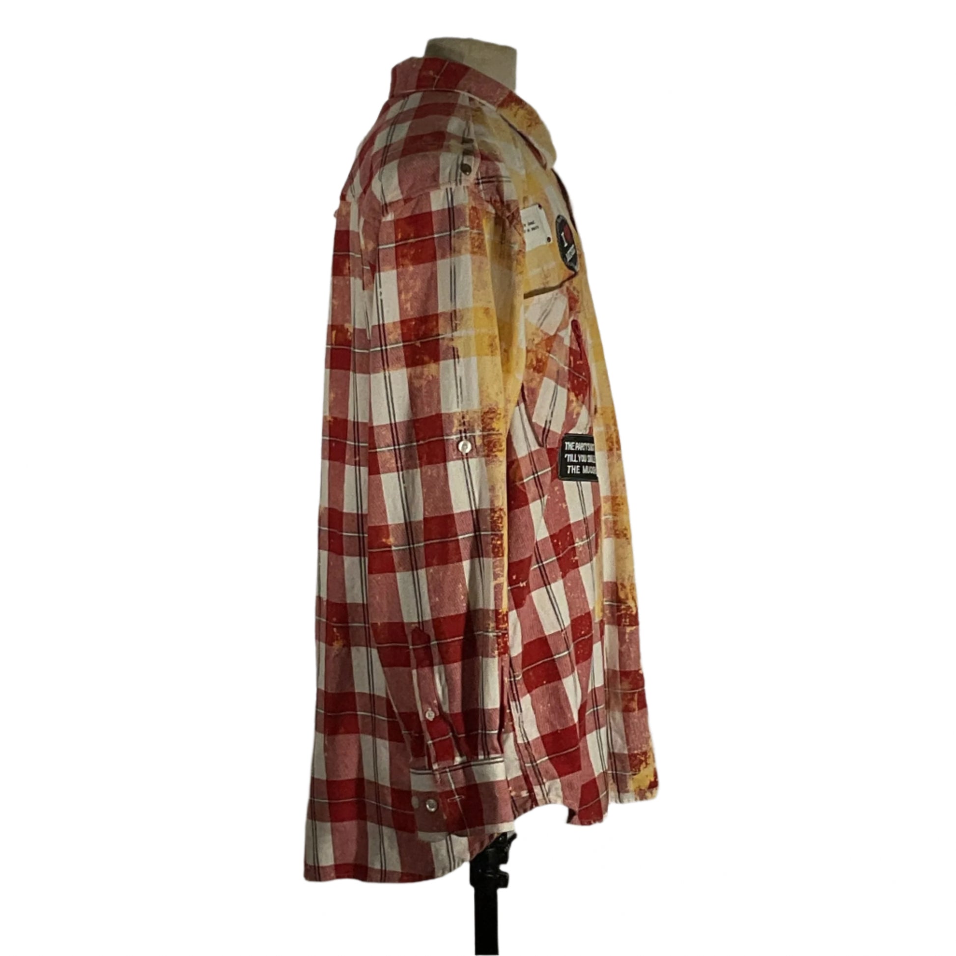 PINK FLOYD | Men's Custom Long-Sleeve Flannel Shirt | 4XL displayed on a mannequin, showcasing its unique red and white plaid pattern and medium fit.