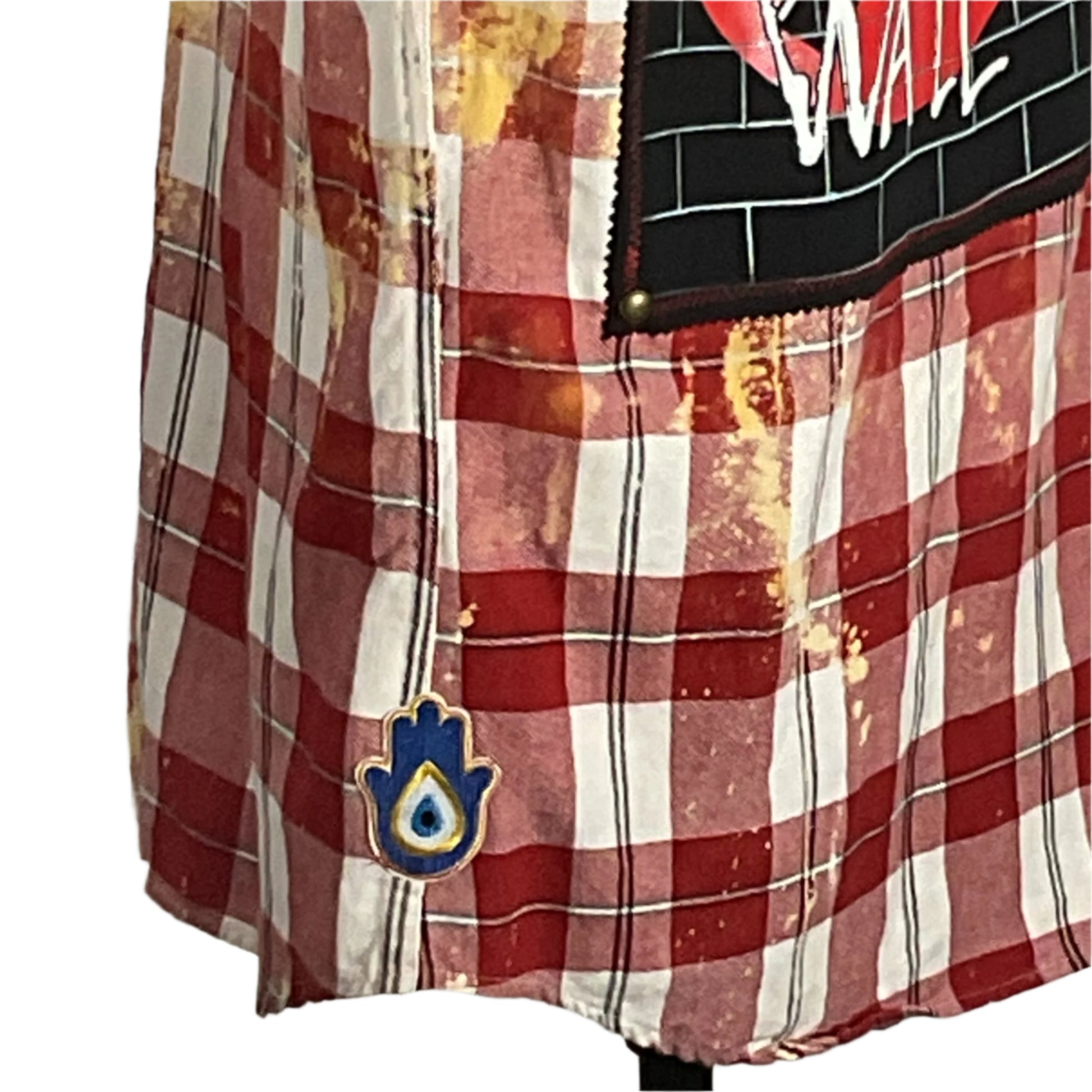 PINK FLOYD Men's Custom Long-Sleeve Flannel Shirt, 4XL, featuring a red and white plaid pattern, crafted from pre-owned cotton, embodying distinctive wearable art by DEVIOUS SAINT.