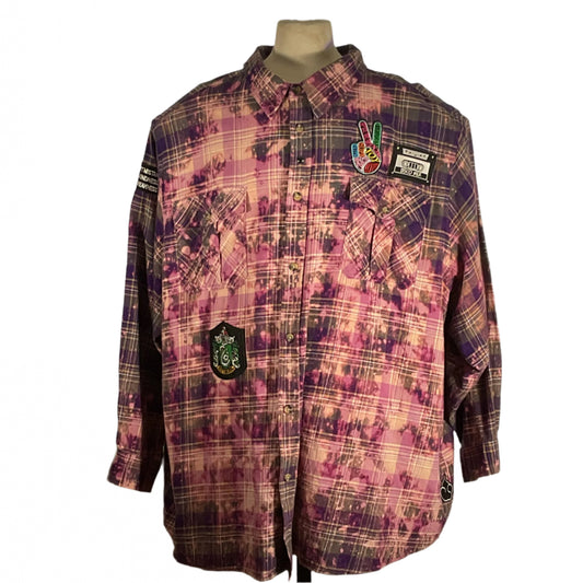 Pink Floyd | Men's Custom Long-Sleeve Flannel Shirt | 4XL displayed on a mannequin, showcasing its bold, distinctive rock-inspired design with a purple and pink pattern.