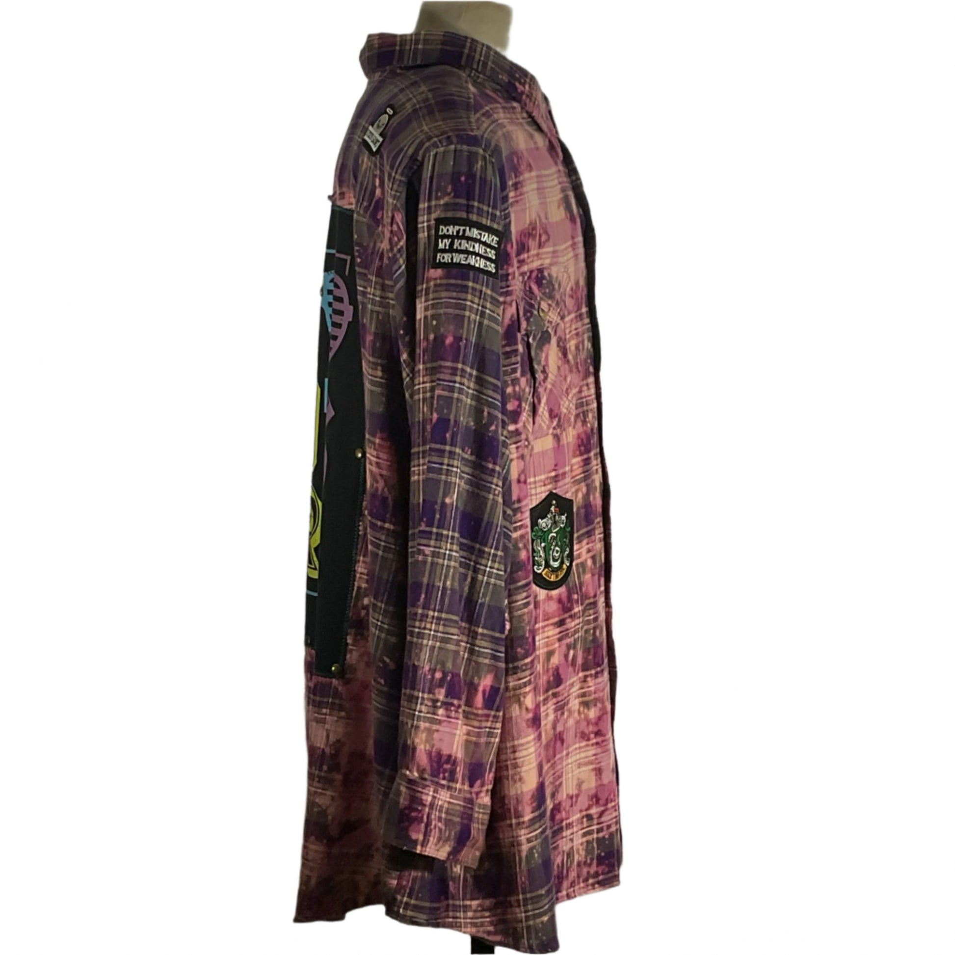 Pink Floyd men's custom long-sleeve flannel shirt on a mannequin, showcasing bold pattern and rock-inspired style, embodying Devious Saint's unique, wearable art ethos.