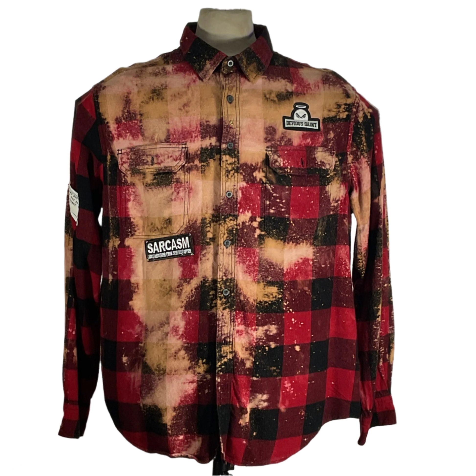 Mannequin wearing IRON MAIDEN | Men's Custom Long-Sleeve Flannel Shirt | 3XL, showcasing a bold, red and black plaid design, embodying 80’s rebellious style.