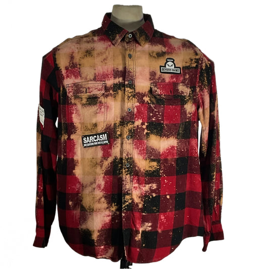 Mannequin wearing IRON MAIDEN | Men's Custom Long-Sleeve Flannel Shirt | 3XL, showcasing a bold, red and black plaid design, embodying 80’s rebellious style.
