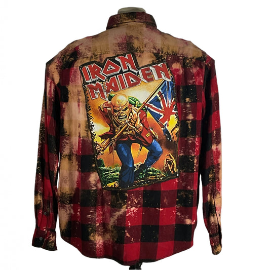 IRON MAIDEN men's long-sleeve flannel shirt featuring a bold red and black pattern, exuding 80s rebel style, crafted for maximum comfort and standout fashion.