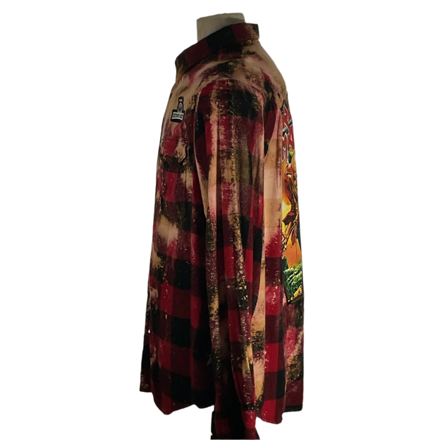 IRON MAIDEN | Men's Custom Long-Sleeve Flannel Shirt | 3XL displayed on a mannequin, showcasing its bold, rebellious design and unique 80's inspired style.