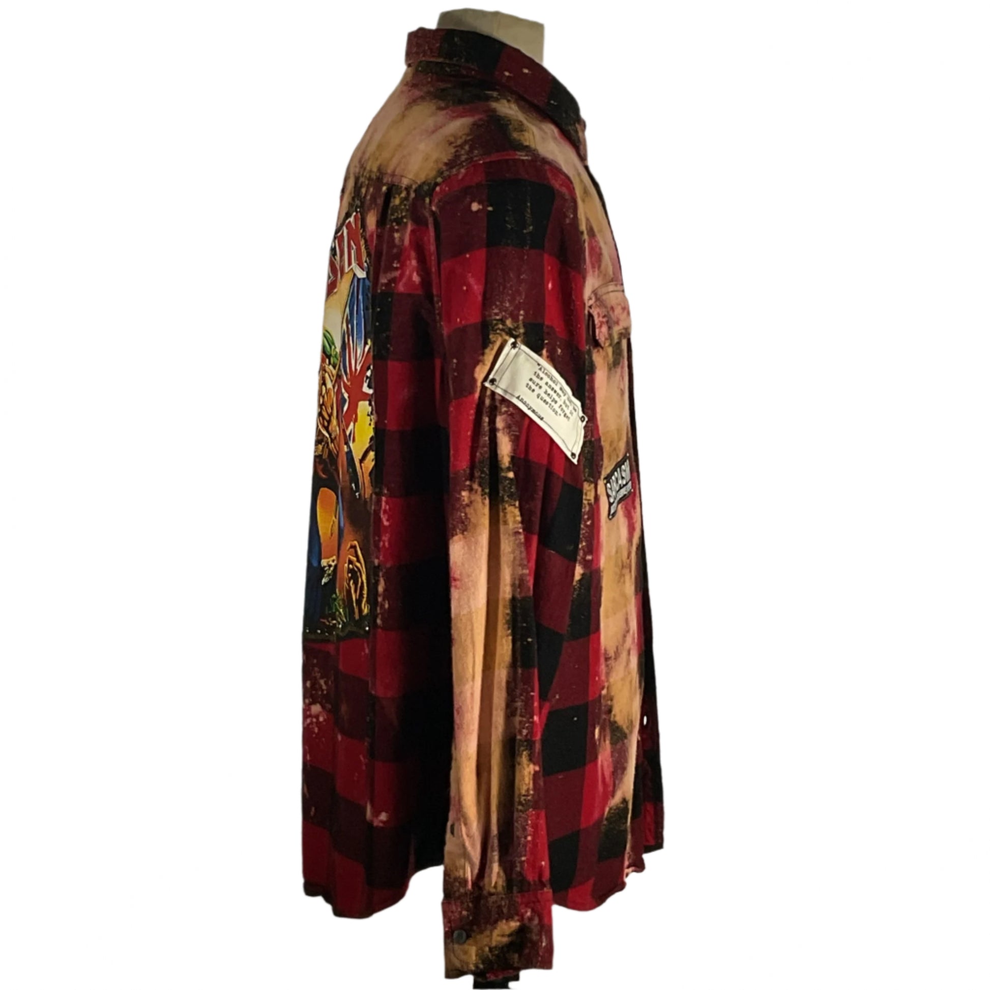 Red and black plaid flannel shirt, close-up view. IRON MAIDEN | Men's Custom Long-Sleeve Flannel Shirt | 3XL, showcasing bold and standout 80's design.