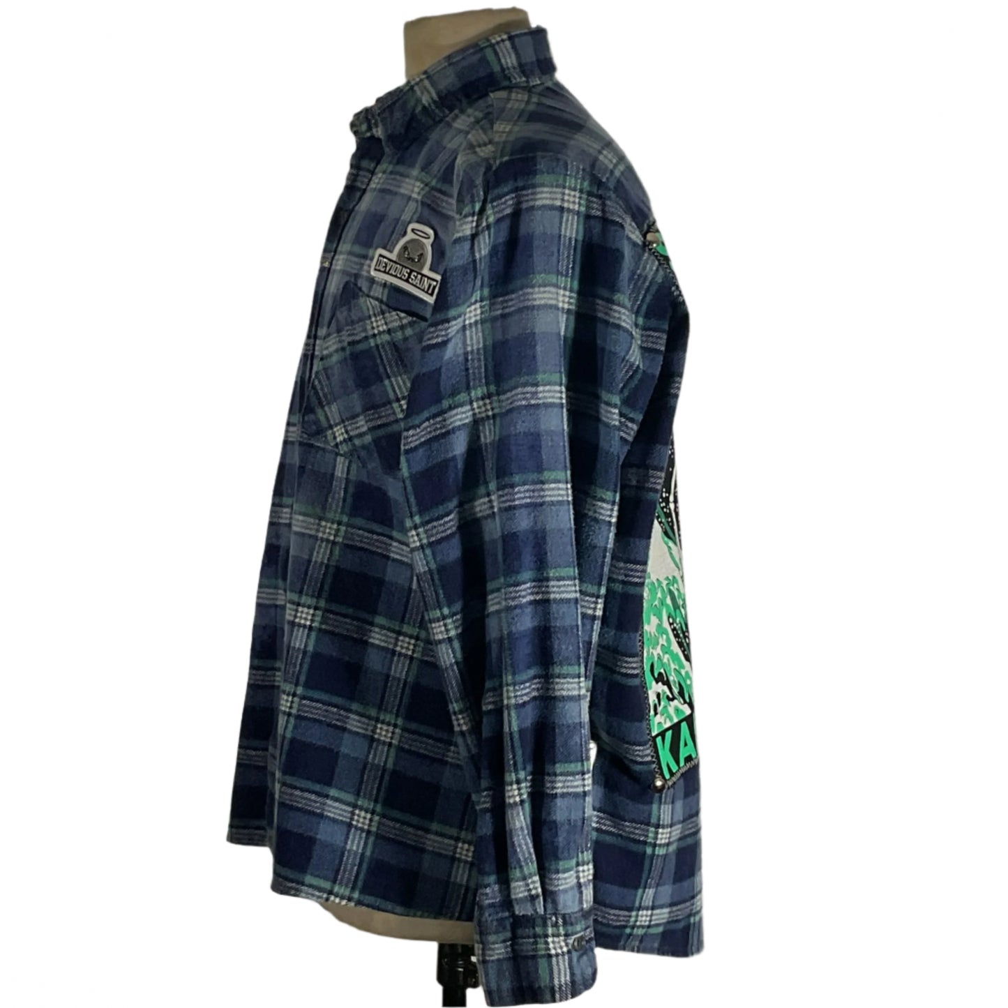 Iron Maiden Men's 3XL Custom Flannel Shirt displayed on a mannequin, embodying bold design and comfort from DEVIOUS SAINT's unique, wearable art collection.