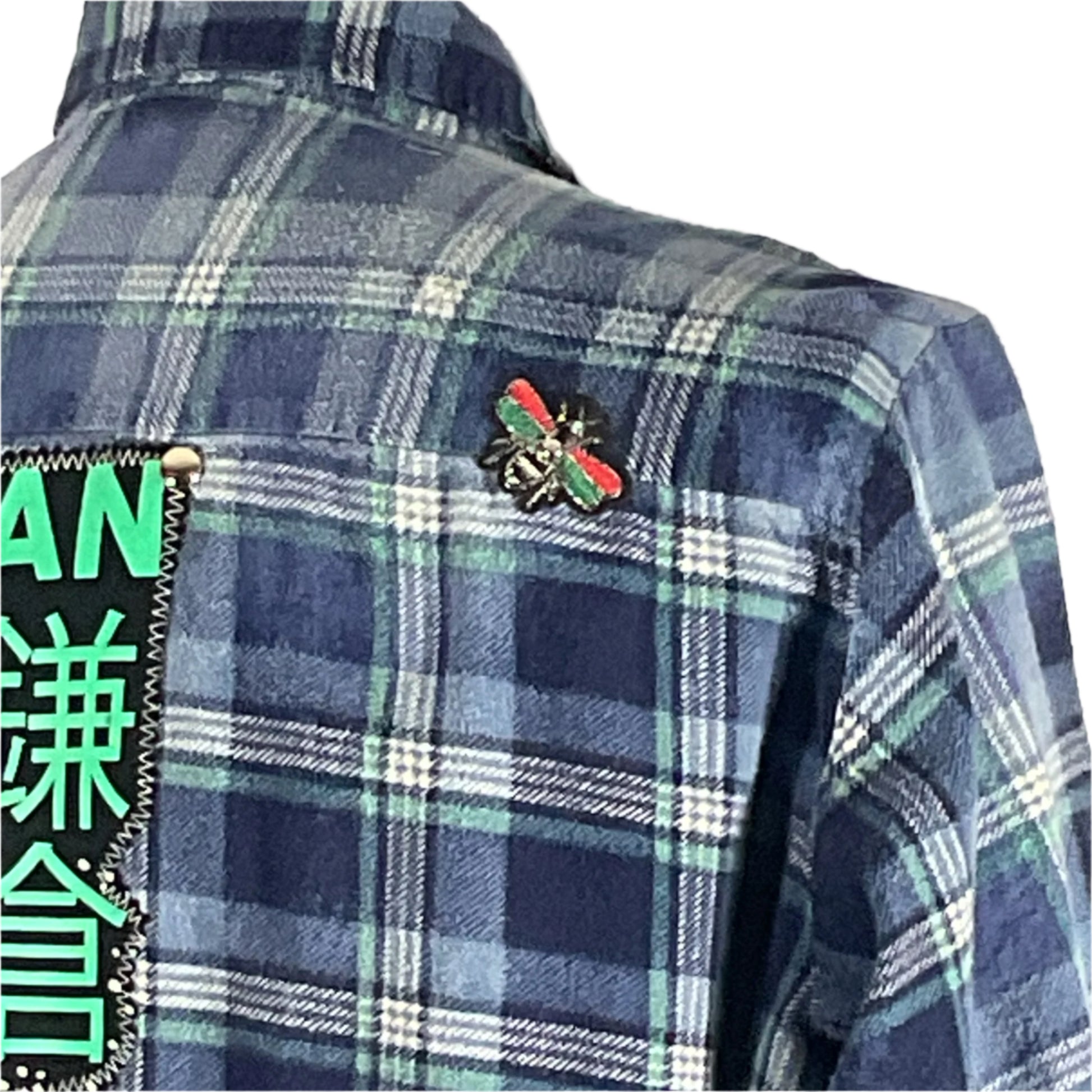 Iron Maiden Men's Custom Long-Sleeve Flannel Shirt in 3XL features a blue plaid pattern with a distinctive back patch, embodying bold style and comfort.