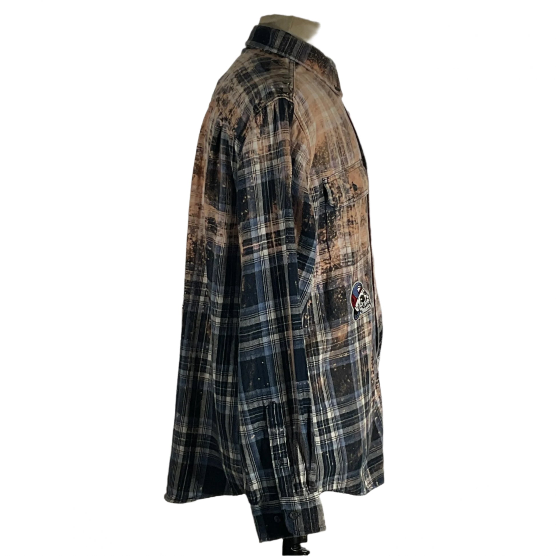 Close-up of EVERYTHING HURTS… Men's Custom Long-Sleeve Flannel Shirt in XL on a mannequin, showcasing its tailored fit and plaid pattern.