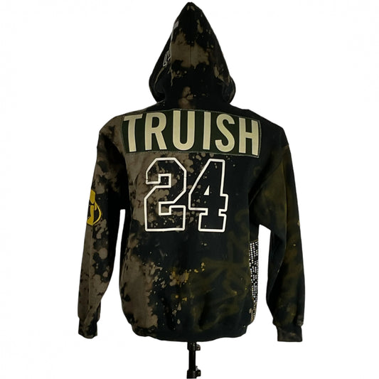 BLACK SABBATH Custom Men's Hoodie on mannequin, featuring unique black patch detail; medium size with 25-inch length and 26-inch sleeves, embodying DEVIOUS SAINT's bold style.