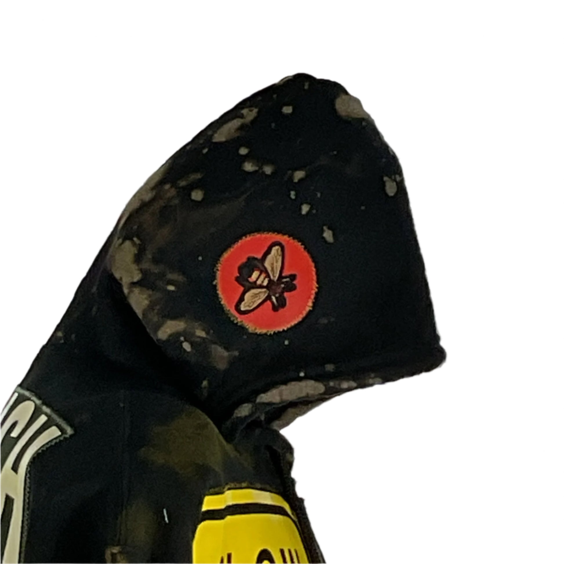 BLACK SABBATH Custom Men's Hoodie Medium featuring a bee design on the front and a distinctive black patch, embodying unique, bold artistry.