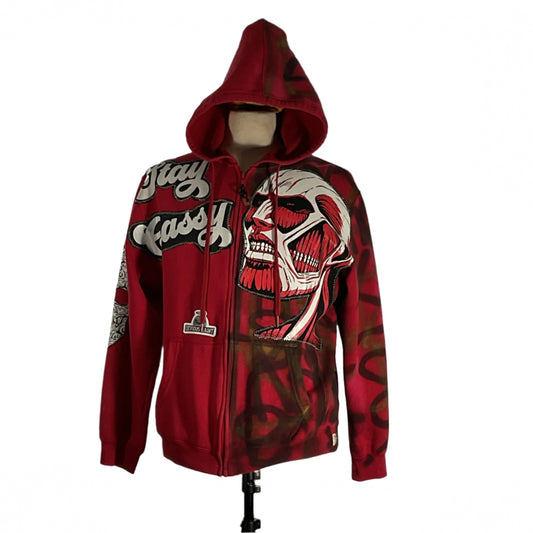 Mannequin displaying TRUISH| Hoodie | 2 XL, featuring graffiti, sequins, and patchwork, inspired by Tupac, reflecting bold, unique style from pre-owned cotton.