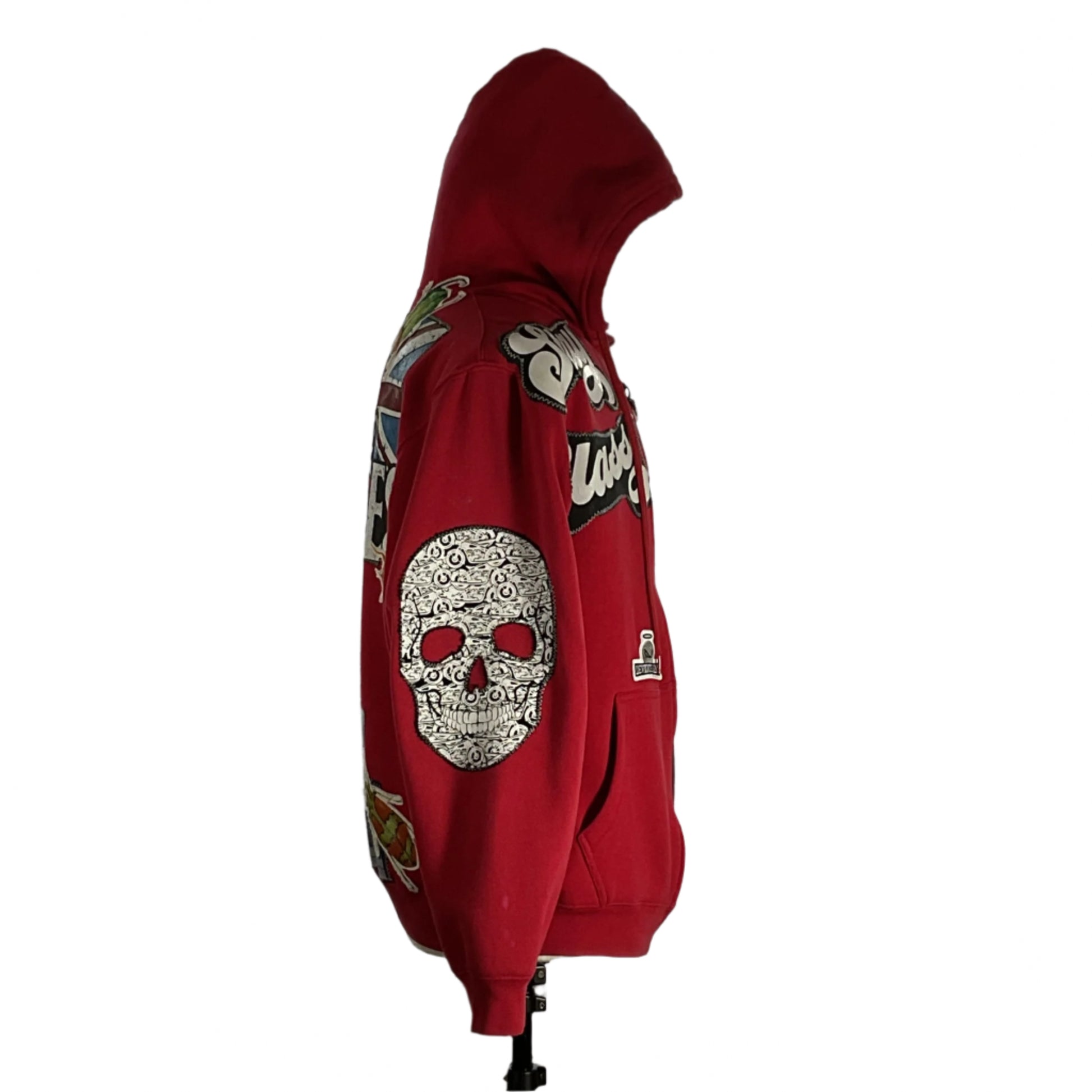 TRUISH| Hoodie | 2 XL featuring Tupac design with graffiti, sequins, and patchwork, illustrating bold, unique wearable art by DEVIOUS SAINT.