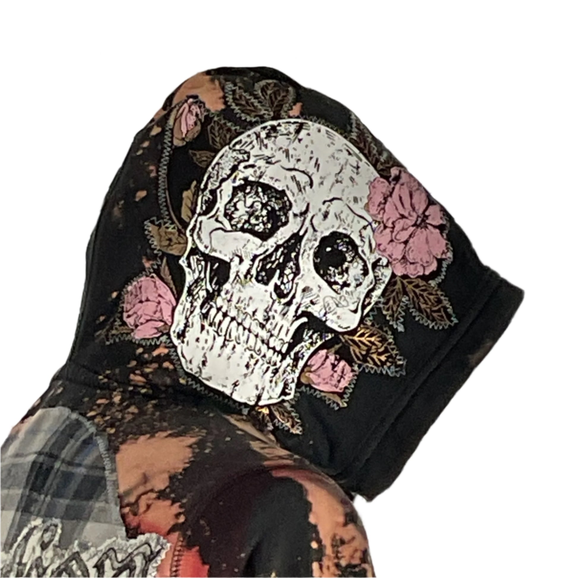 Person wearing the AFFLICTION | Custom Men's Hoodie | Small, featuring a bold skull design, showcasing unique wearable art from DEVIOUS SAINT.