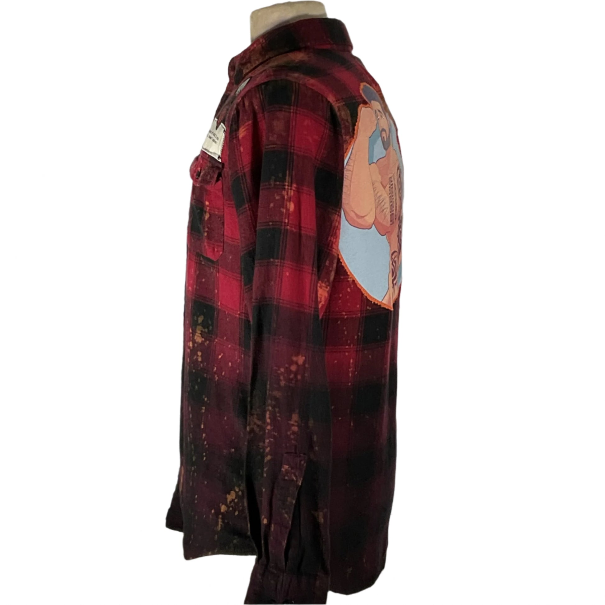BATMAN/SPIDERMAN custom long sleeve flannel, featuring a cartoon character on the back, crafted from reclaimed cotton for a unique, sustainable style. Size: Small.