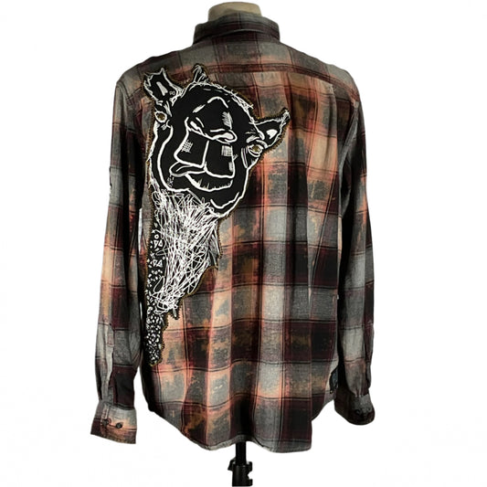 Close-up of ANGRY GIRAFFE men's custom long-sleeve flannel shirt with llama face design, emphasizing comfort and style in a relaxed fit.