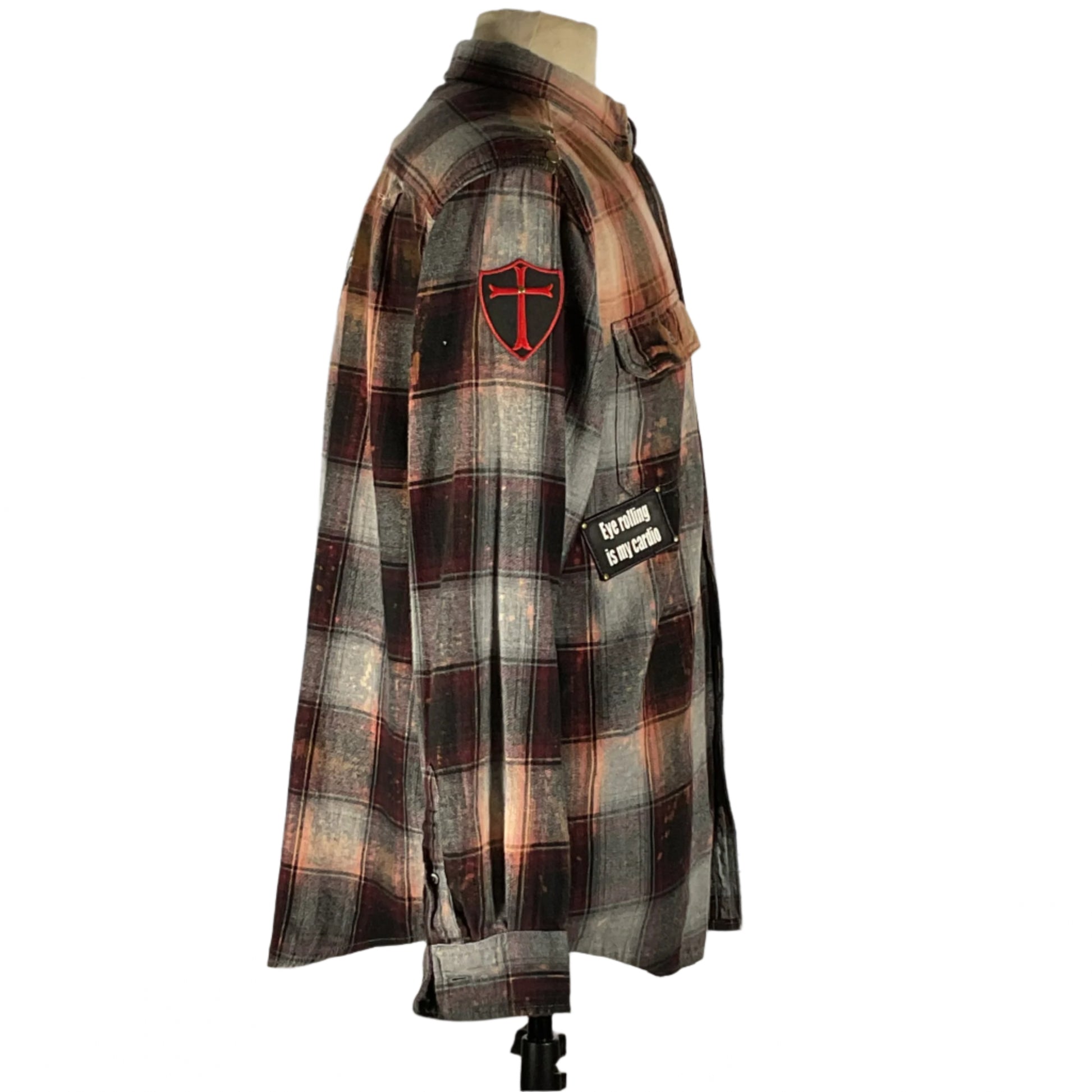 Men's ANGRY GIRAFFE flannel shirt on mannequin, showcasing long sleeves and unique design, embodying DEVIOUS SAINT's bold, distinctive style. Ideal for comfort and positivity.