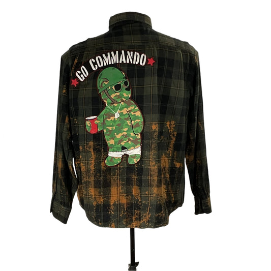 Men's custom long-sleeve flannel shirt featuring a unique cartoon character design, exemplifying bold style and rugged comfort, perfect for standout fashion choices.