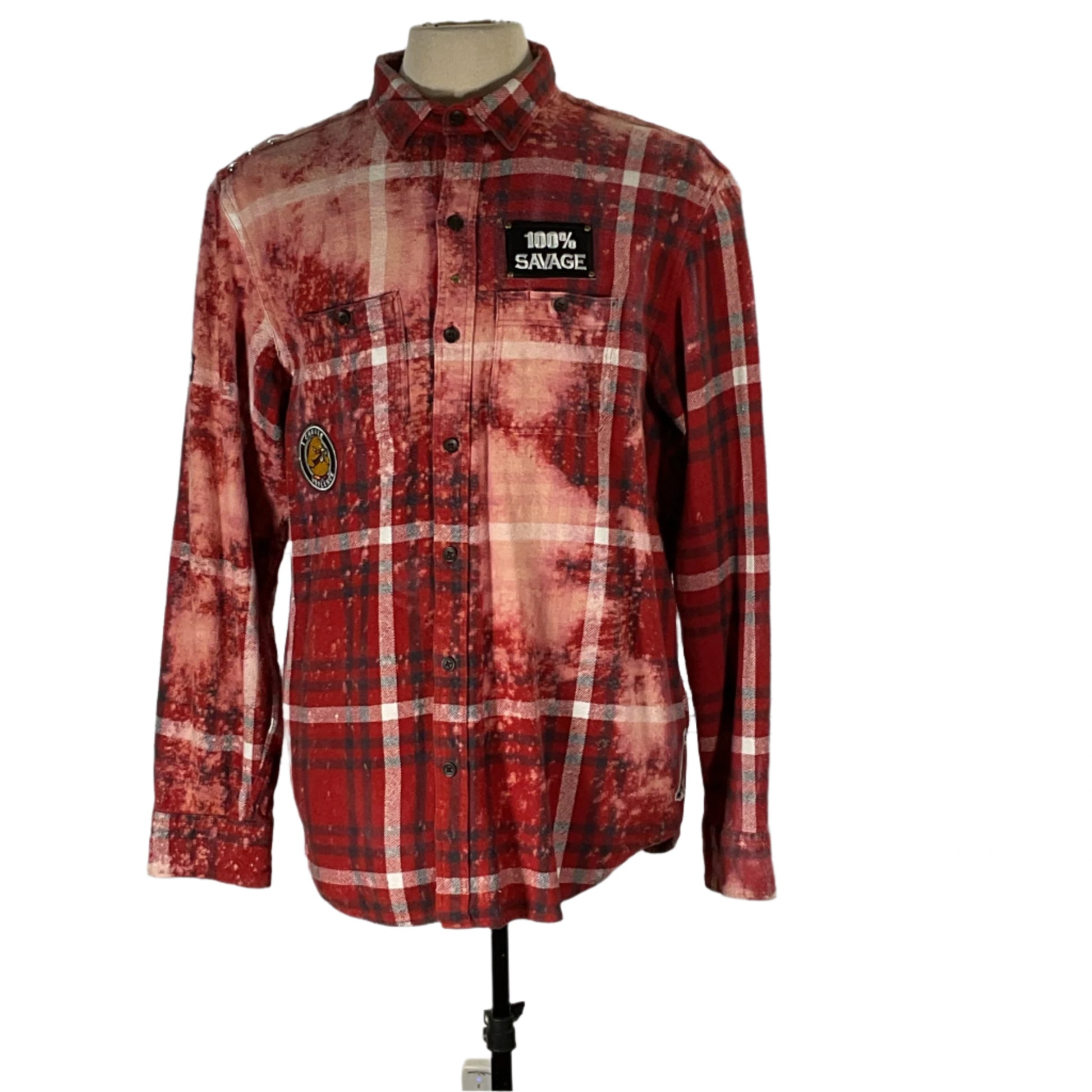 80’s Bro | Men's Custom Long-Sleeve Flannel Shirt | 6XL features a red and black flannel design with distinctive patches, embodying bold '80s style.
