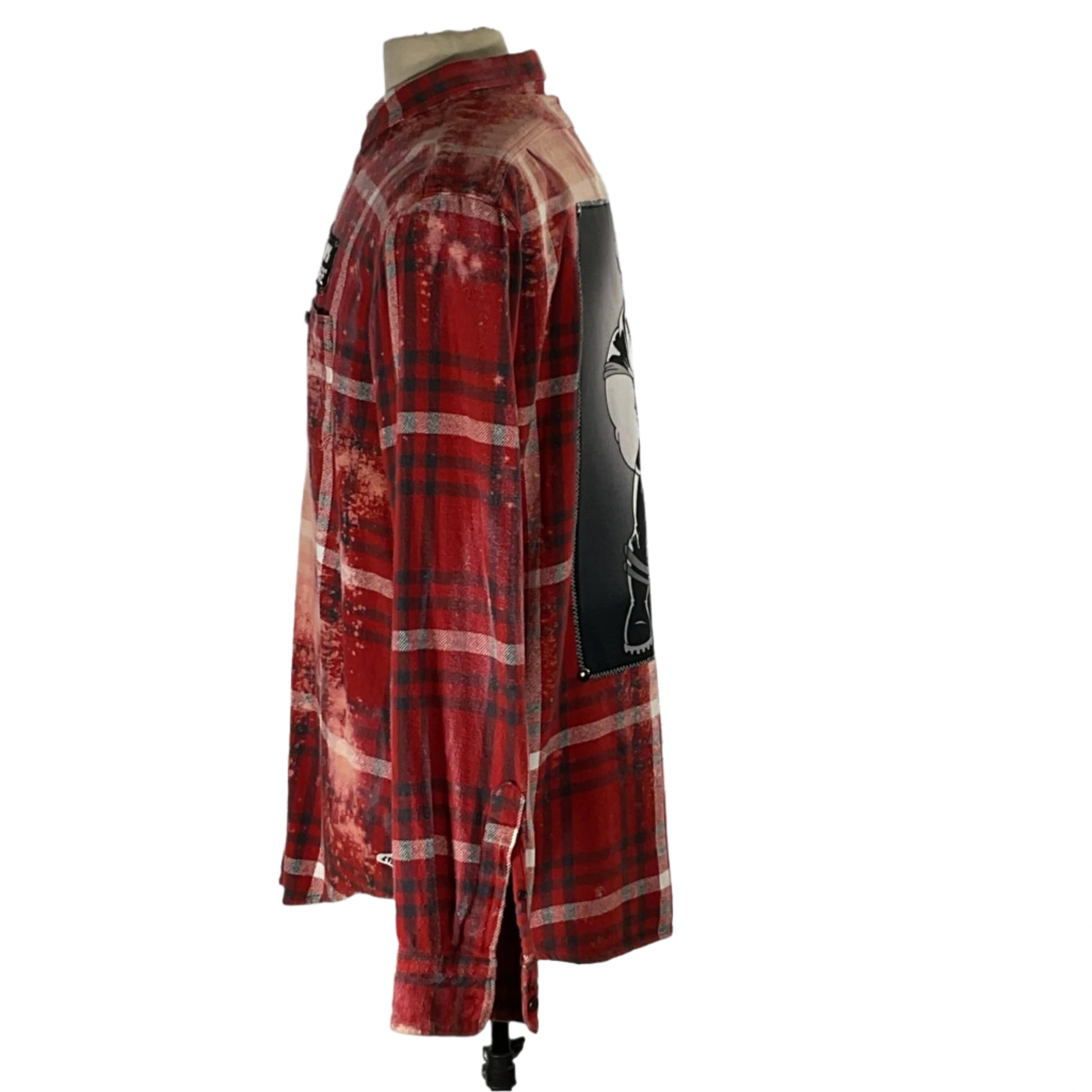 80’s Bro | Men's Custom Long-Sleeve Flannel Shirt | 6XL displayed on mannequin, showcasing bold, rebellious style with a red and black tartan pattern.