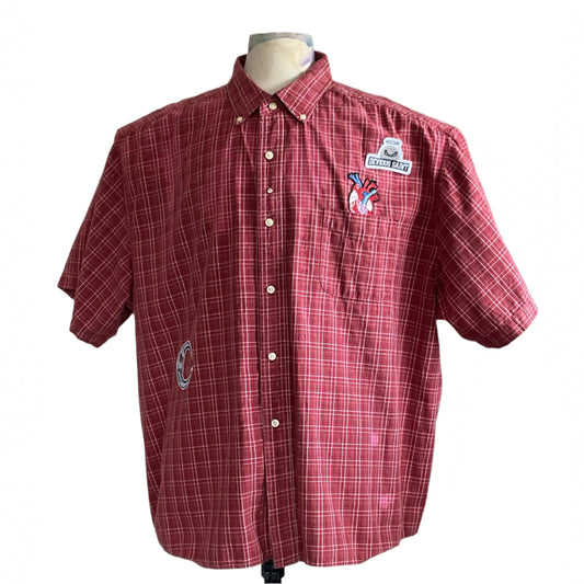 COOKIES | Men's Custom BEAR SIZE Short Sleeve Shirt | 3XL features red and white plaid, anatomical heart, and DEVIOUS SAINT patches, embodying bold, distinctive style.