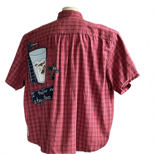 COOKIES | Men's Custom BEAR SIZE Short Sleeve Shirt 3XL features a red plaid pattern with playful cartoon patches on the back, offering a bold, unique style.