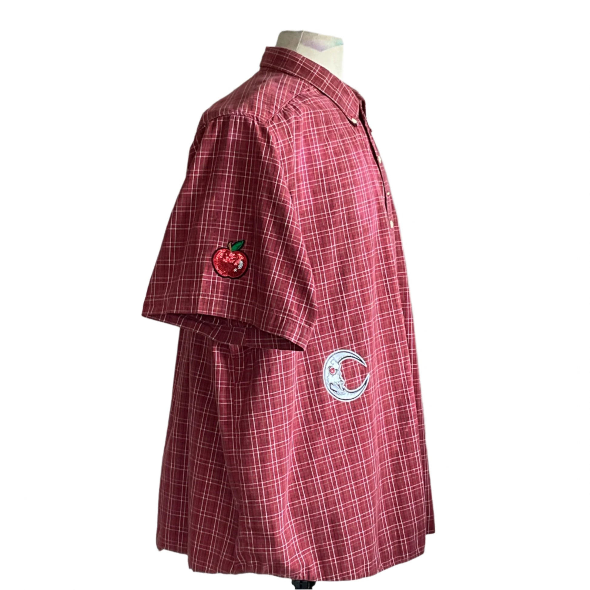 COOKIES | Men's Custom BEAR SIZE Short Sleeve Shirt in 3XL with red plaid, apple and crescent-moon patches, displayed on a mannequin, embodying DEVIOUS SAINT's bold, unique style.