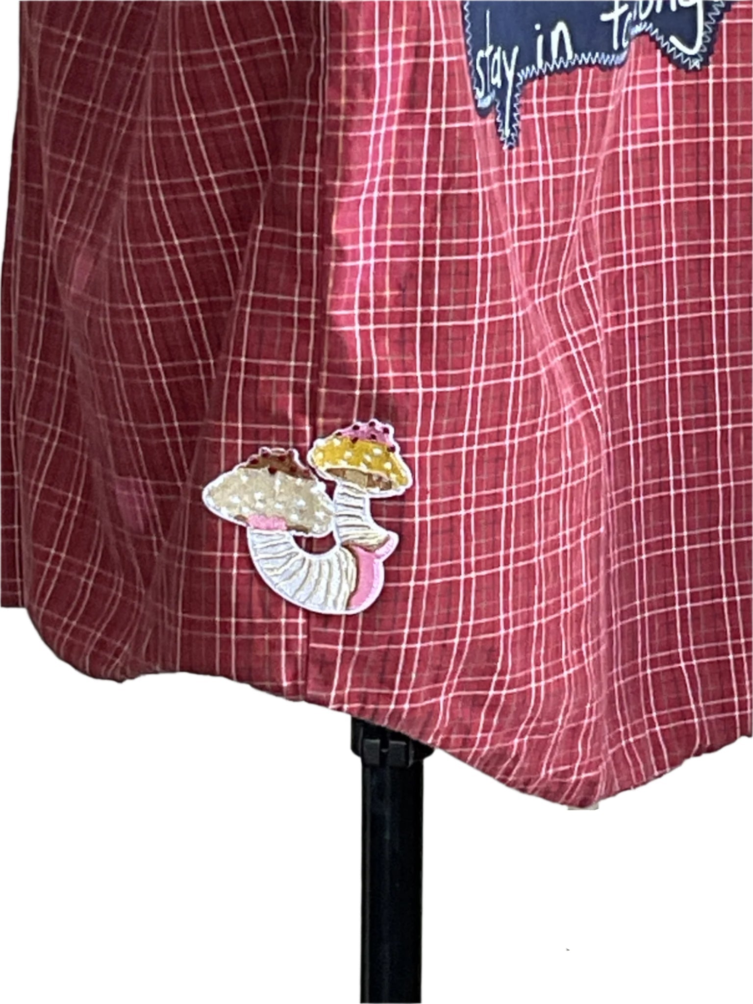 COOKIES | Men's Custom BEAR SIZE Short Sleeve Shirt, 3XL, features a red plaid design with stylized mushroom patches and cursive script details, embodying bold, unique style.