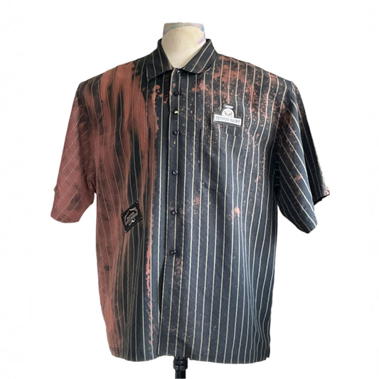 FUKITOL | Men's Custom BEAR SIZE Short Sleeve Shirt | 4 XL features a unique two-tone pinstripe design with bleach-splatter effect and embroidered patch.