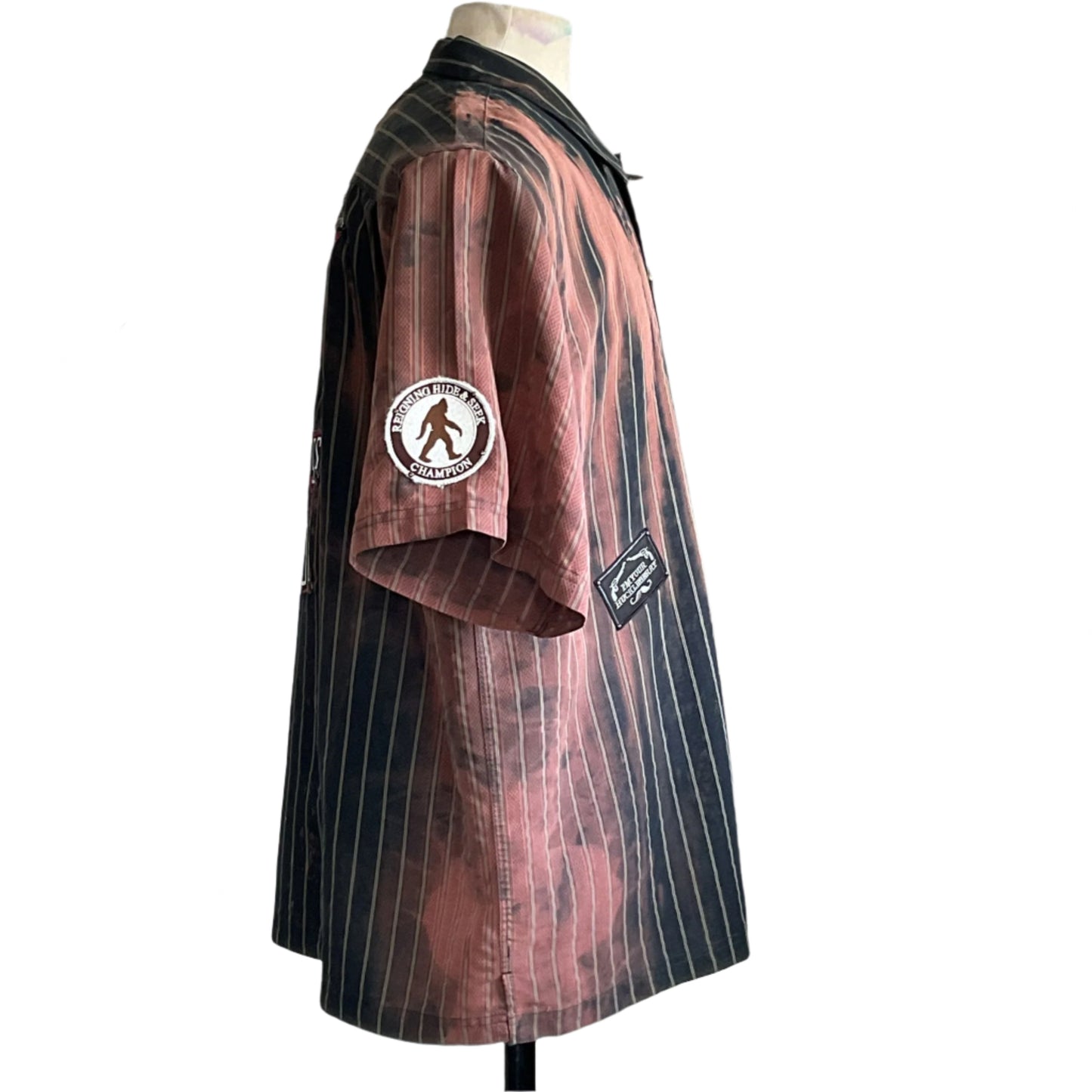 FUKITOL | Men's Custom BEAR SIZE Short Sleeve Shirt | 4 XL featuring pin-stripes, Bigfoot patch, and vintage-worn design on a dress form.
