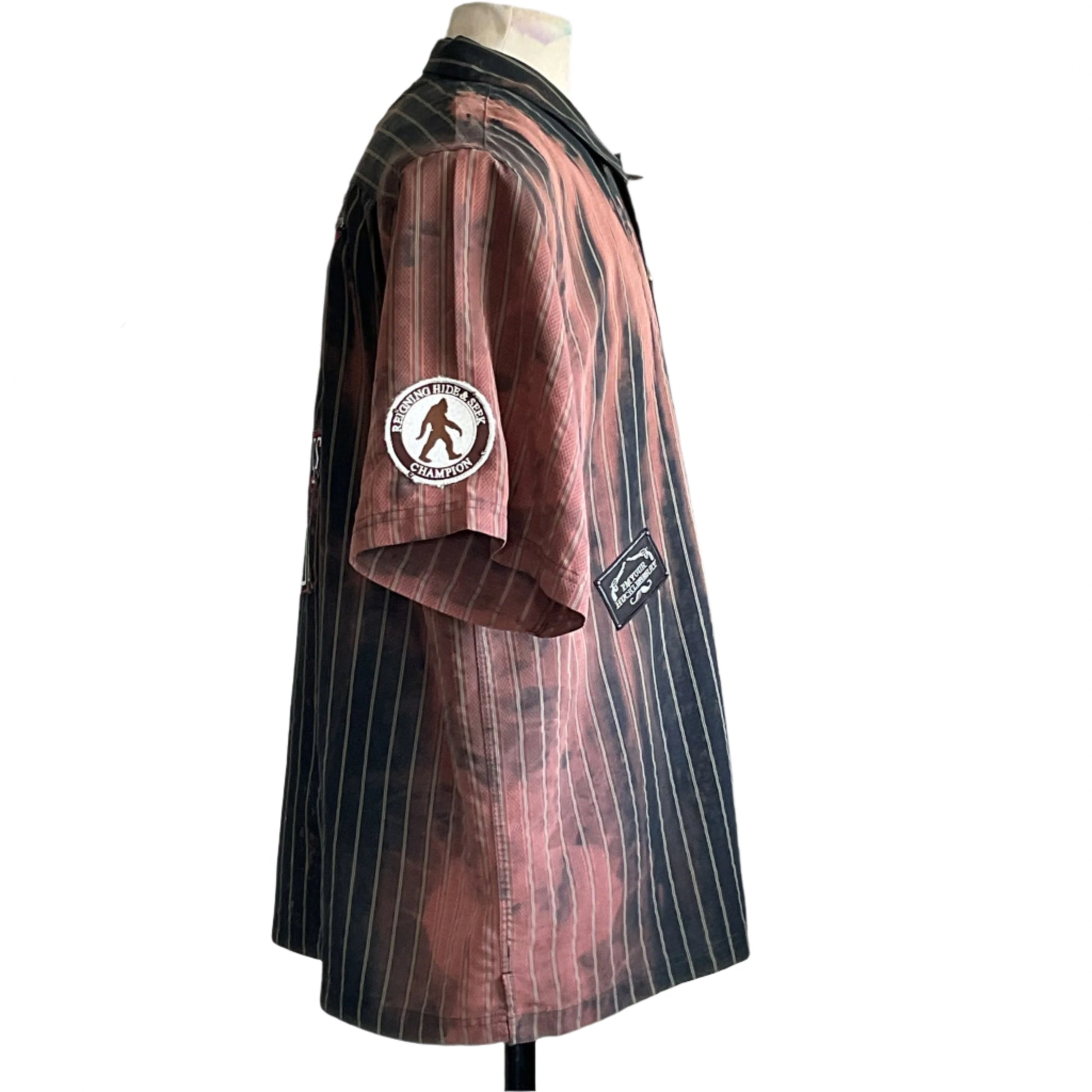 FUKITOL | Men's Custom BEAR SIZE Short Sleeve Shirt | 4 XL featuring pin-stripes, Bigfoot patch, and vintage-worn design on a dress form.