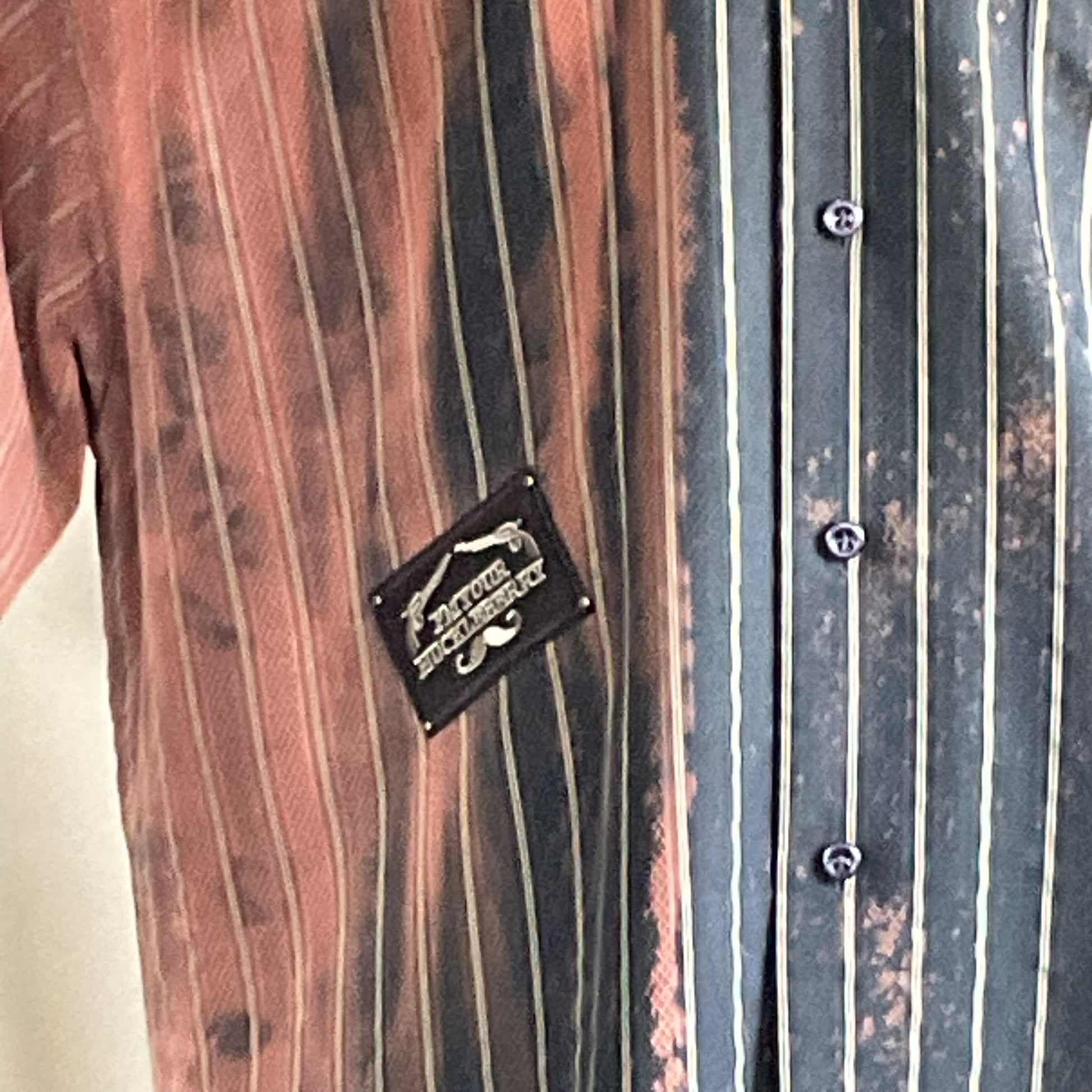 FUKITOL | Men's Custom BEAR SIZE Short Sleeve Shirt | 4XL features a split rust and charcoal pinstripe design with a patch of crossed revolvers on the chest.