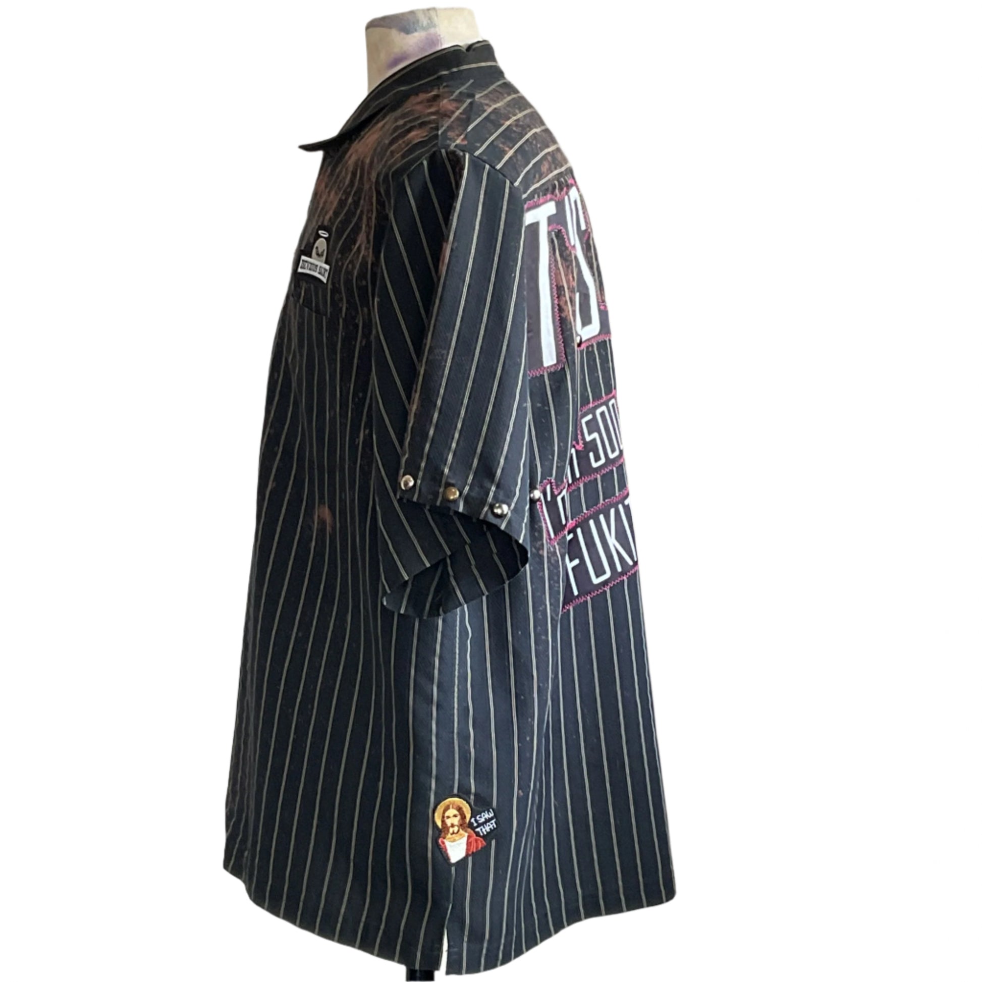 FUKITOL Men's Custom BEAR SIZE Shirt, 4XL, features pinstripes, bleach effects, bold lettering, snap-button sleeves, and a vintage-style patch, embodying DEVIOUS SAINT's unique wearable art style.