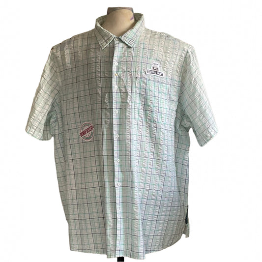 KING DB Men's Custom BEAR SIZE Short Sleeve Shirt in 4XL on mannequin, featuring light green-and-white check plaid with Devious Saint chest patch and circular graphic.