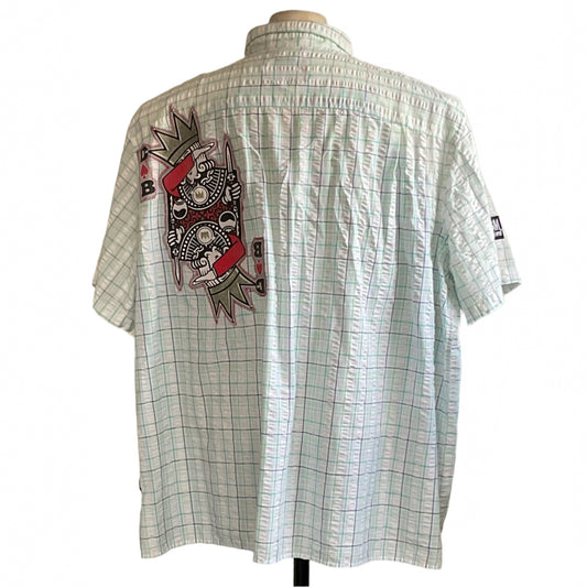 KING DB Men's Custom BEAR SIZE Shirt in 4XL, featuring a crowned figure graphic on the back, light mint-green windowpane pattern, displayed on a mannequin.